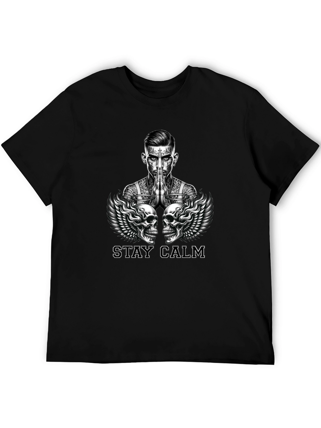Stay Calm Tattoo Skull Graphic Black T-Shirt