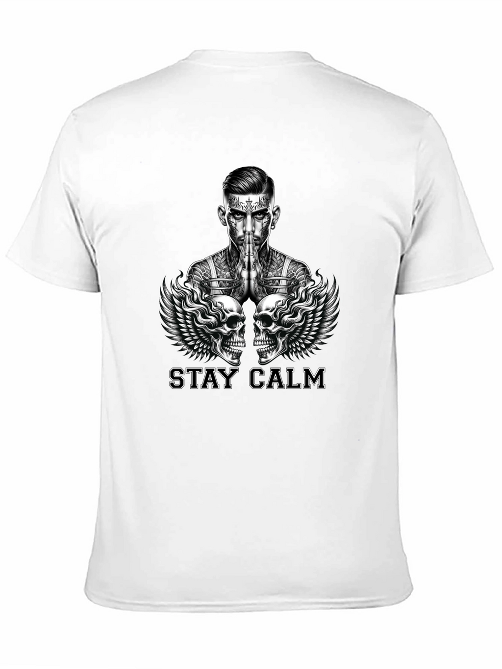 Stay Calm Tattoo Skull Graphic Black T-Shirt