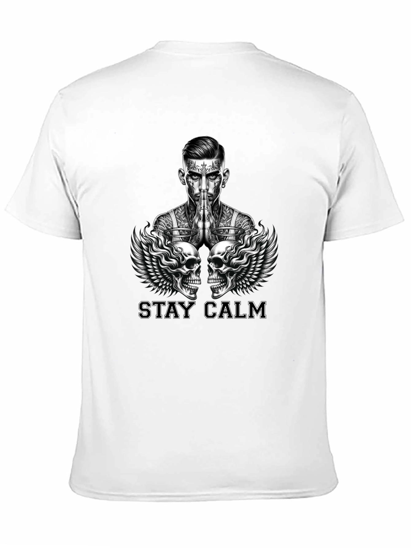 Stay Calm Tattoo Skull Graphic Black T-Shirt
