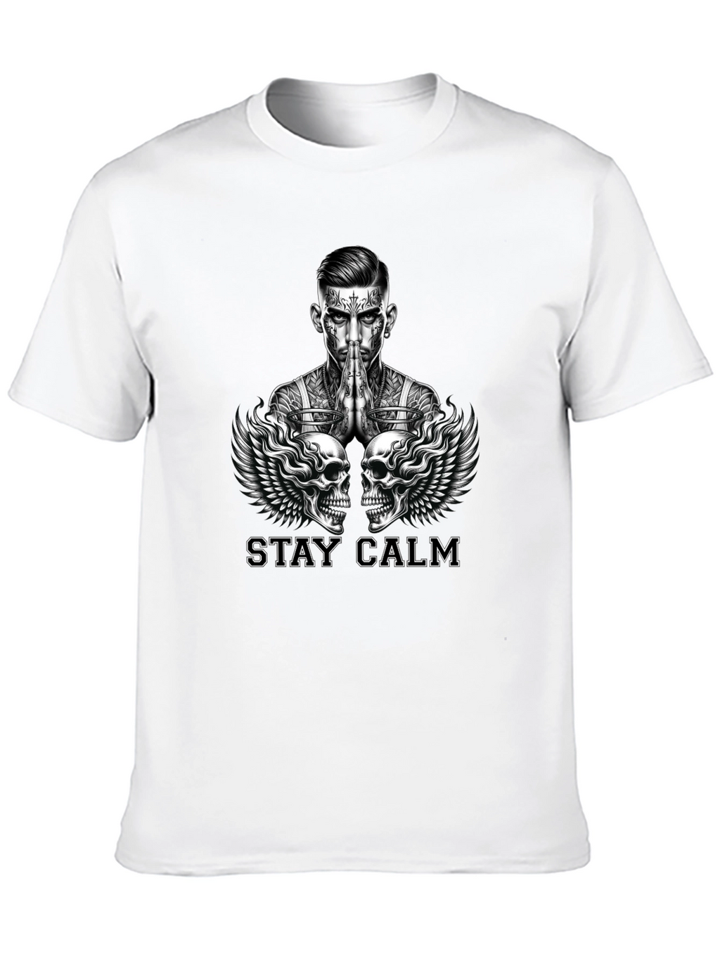 Stay Calm Tattoo Skull Graphic Black T-Shirt