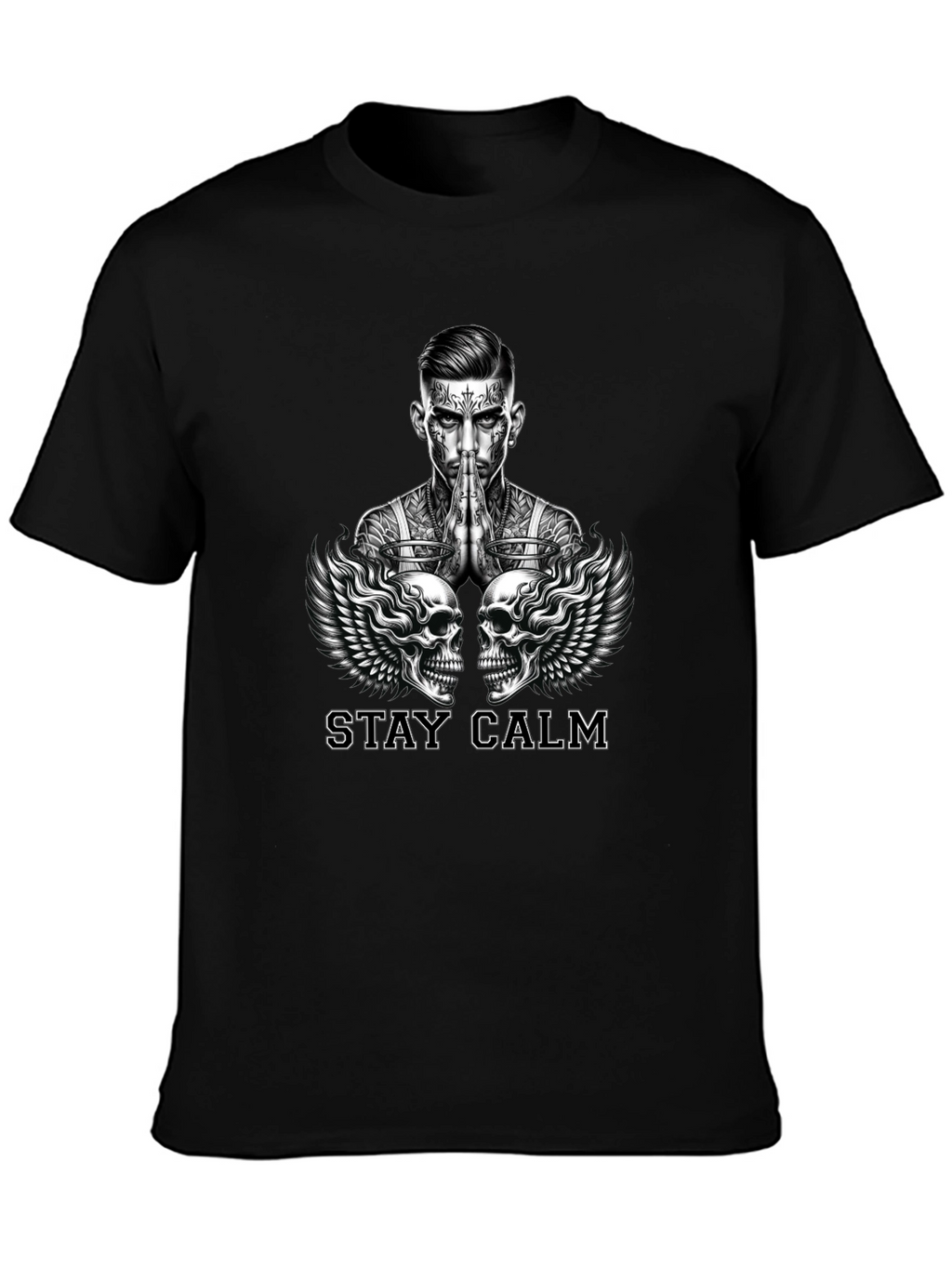 Stay Calm Tattoo Skull Graphic Black T-Shirt
