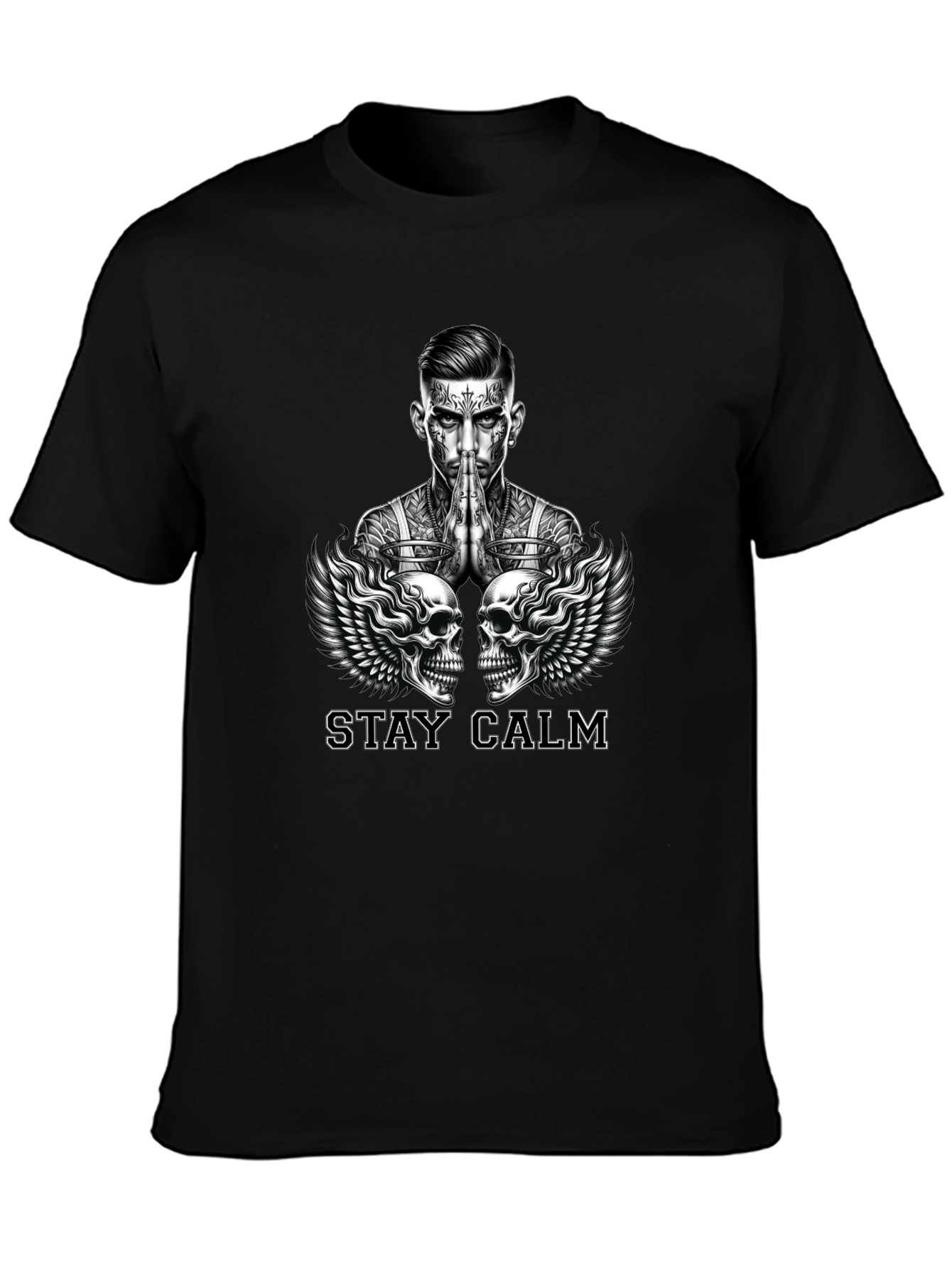 Stay Calm Tattoo Skull Graphic Black T-Shirt