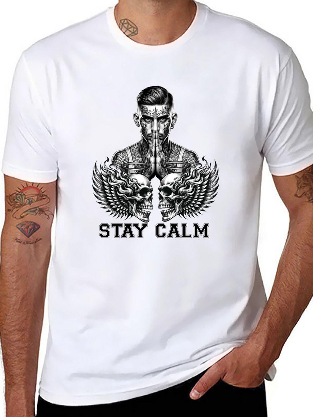 Stay Calm Tattoo Skull Graphic Black T-Shirt