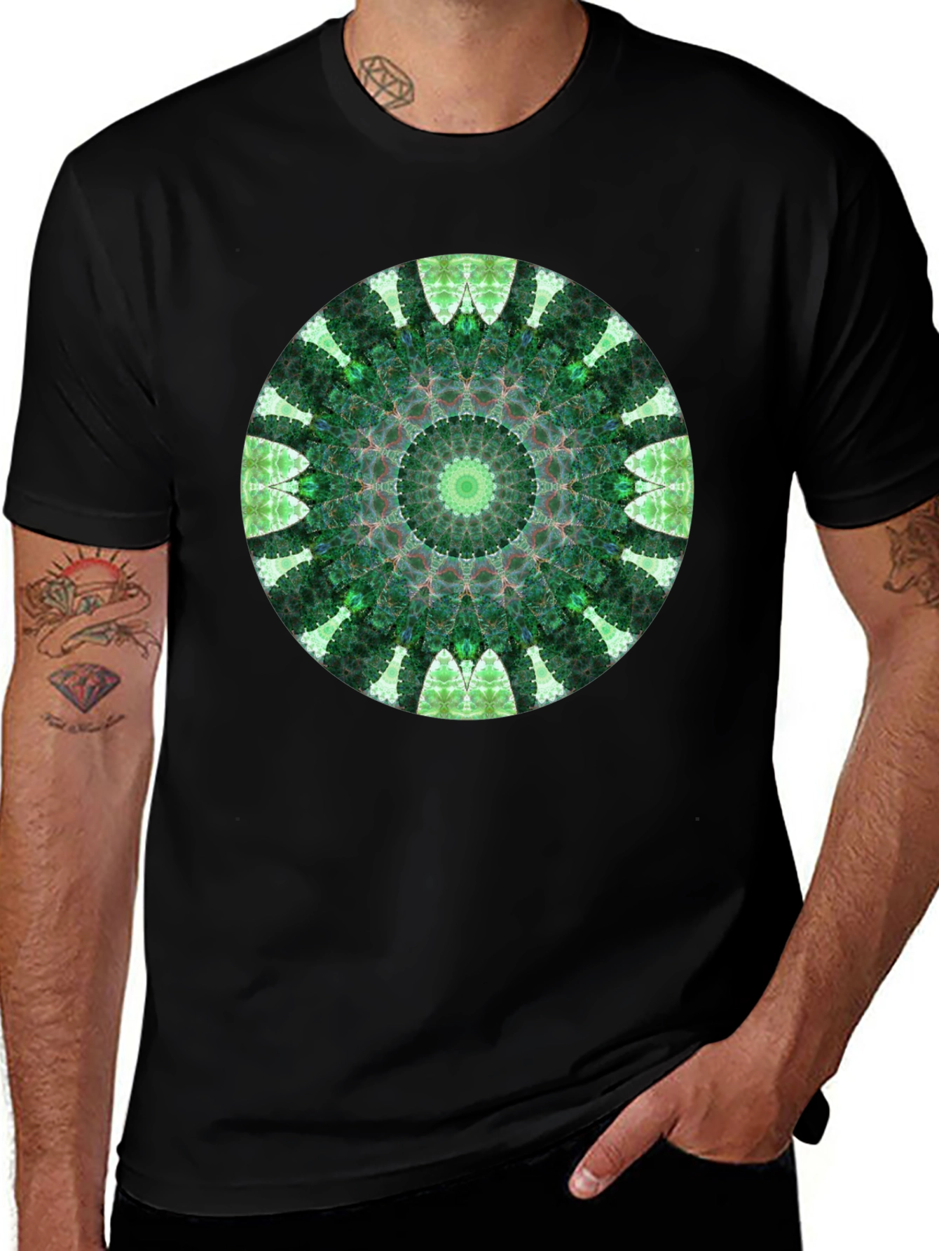 Green Mandala Graphic Black T-Shirt