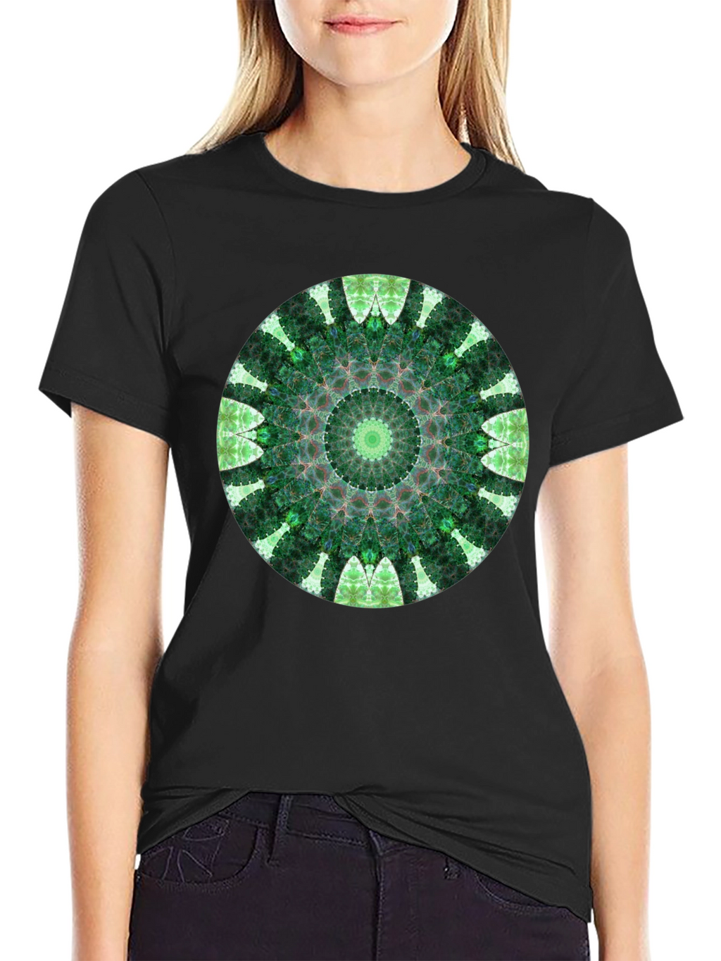 Green Mandala Graphic Black T-Shirt