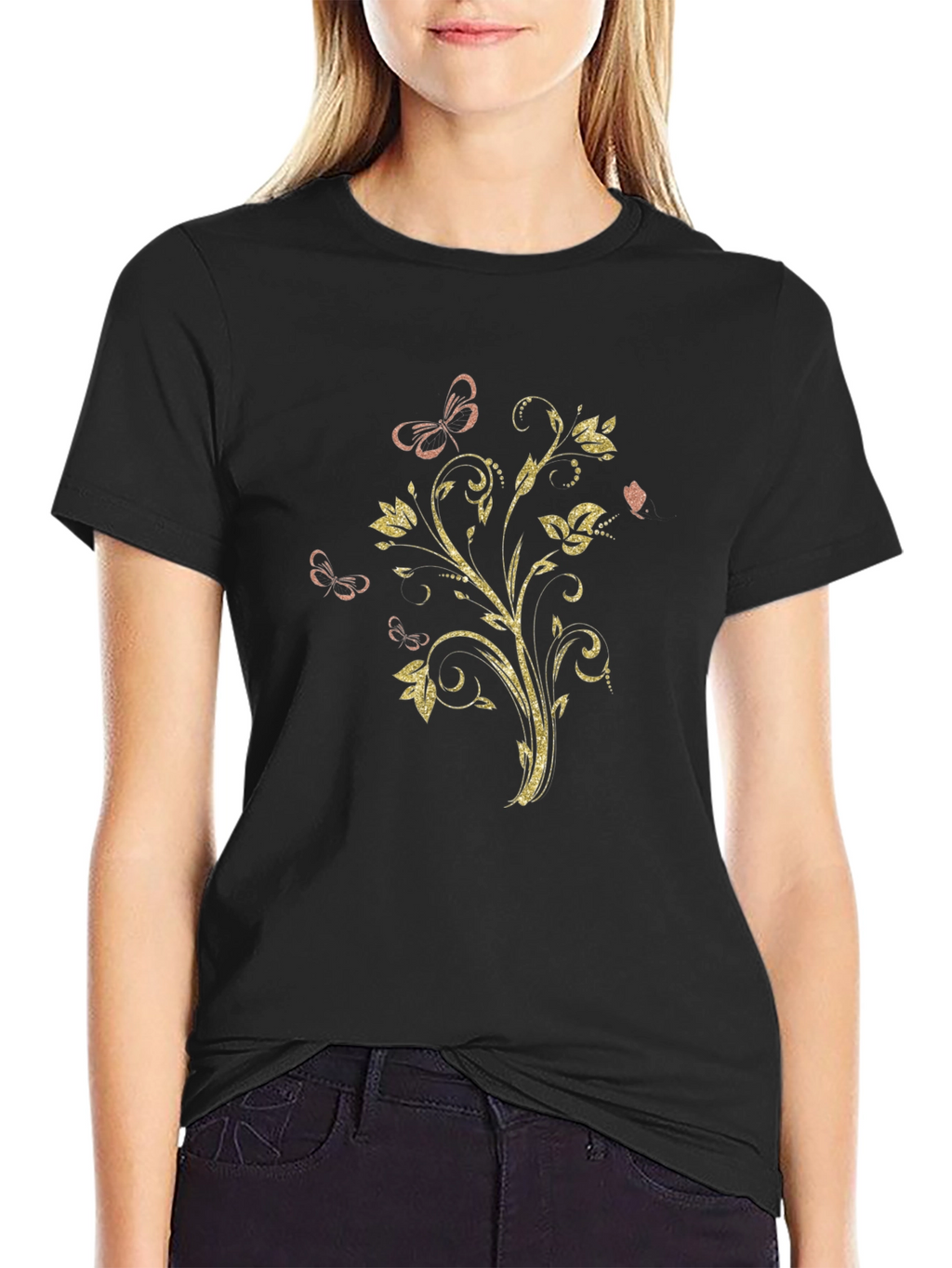 Floral Butterfly Graphic Black T-Shirt