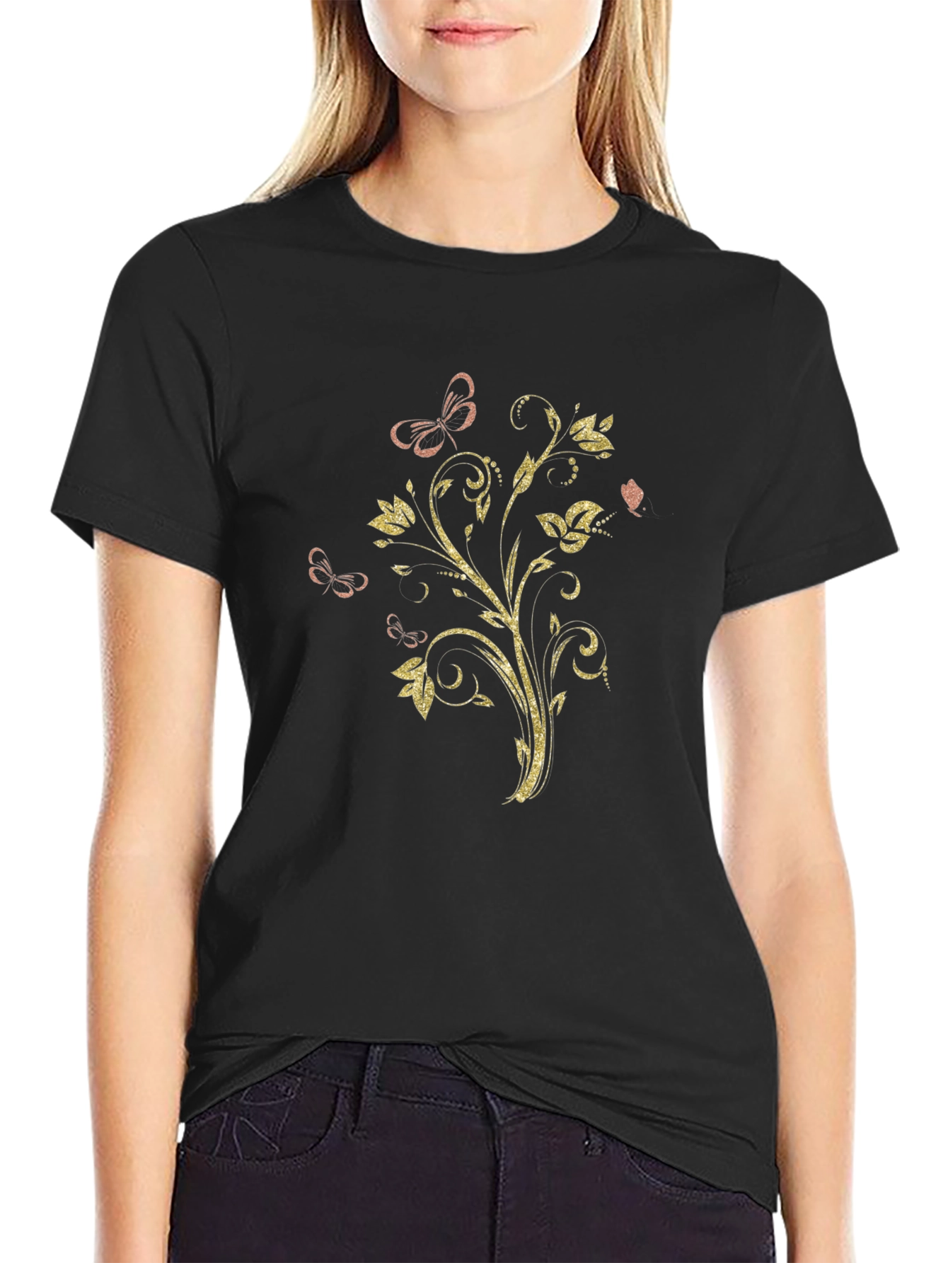 Floral Butterfly Graphic Black T-Shirt