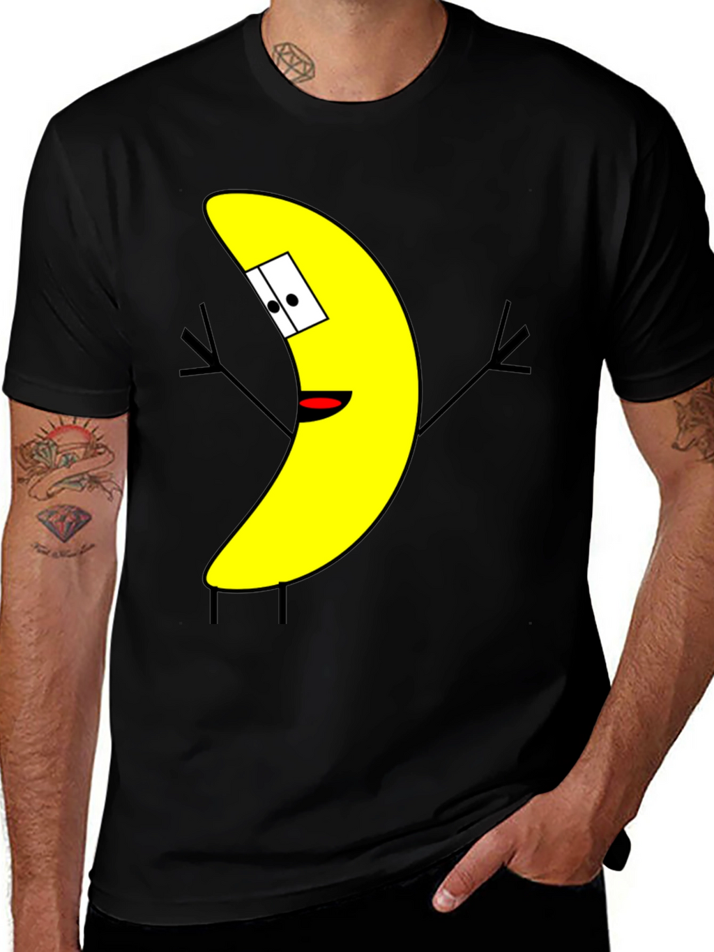 Banana Cartoon Character Black T-Shirt