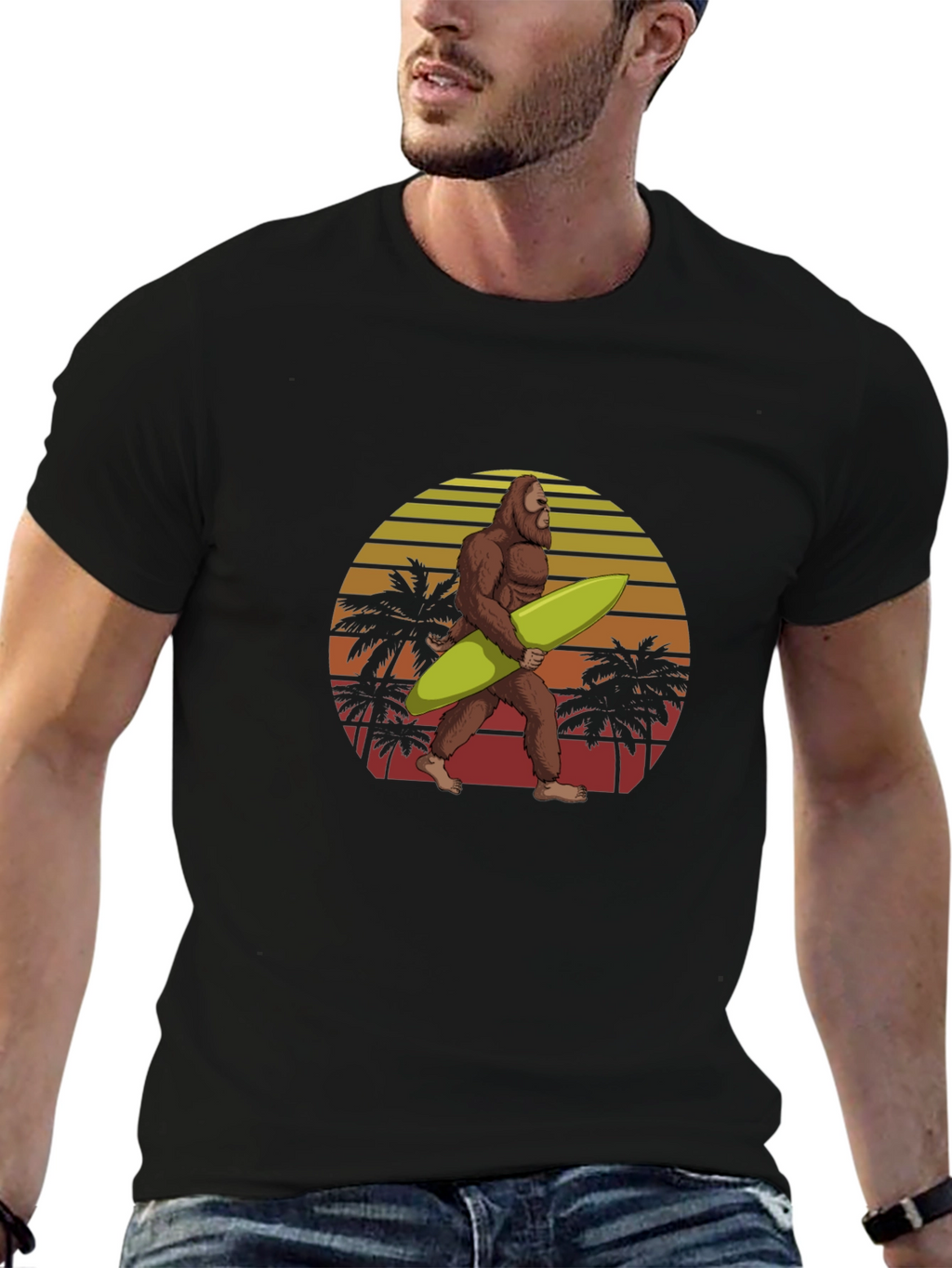 Bigfoot Surfing Sunset Graphic Tee - Black