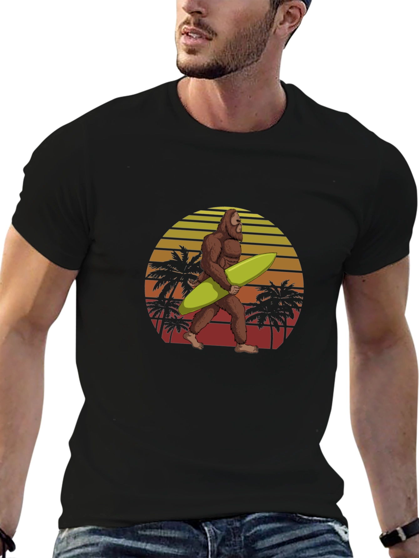 Bigfoot Surfing Sunset Graphic Tee - Black