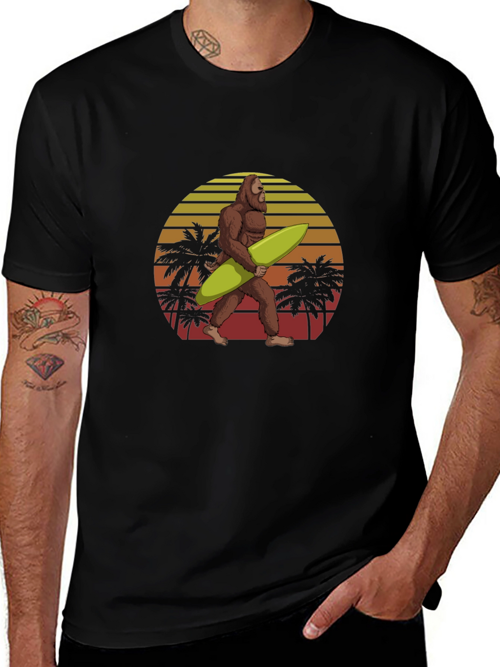 Bigfoot Surfing Sunset Graphic Tee - Black