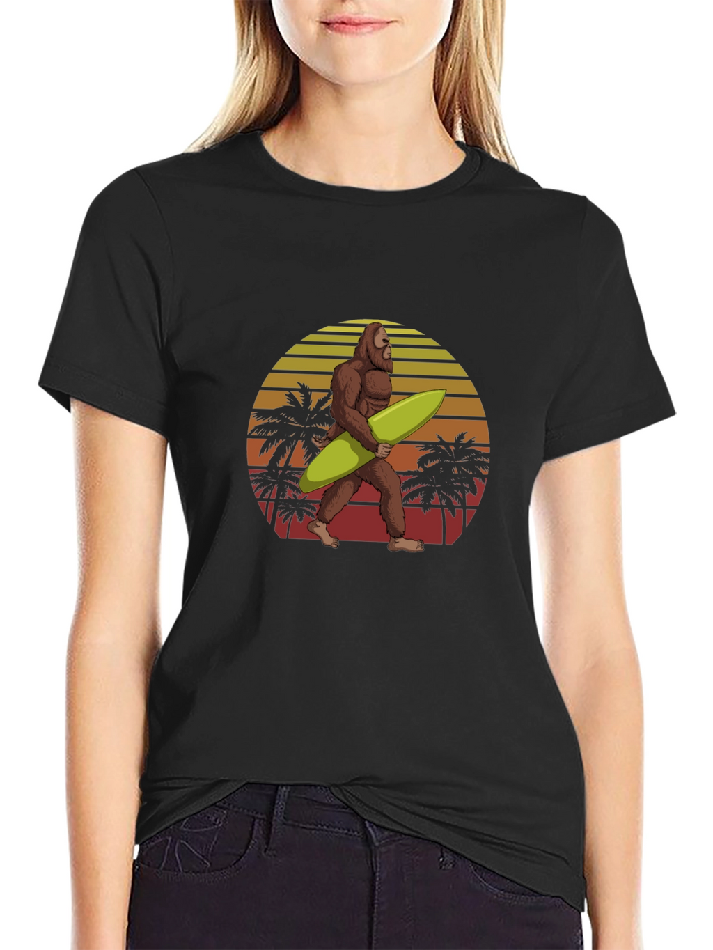 Bigfoot Surfing Sunset Graphic Tee - Black
