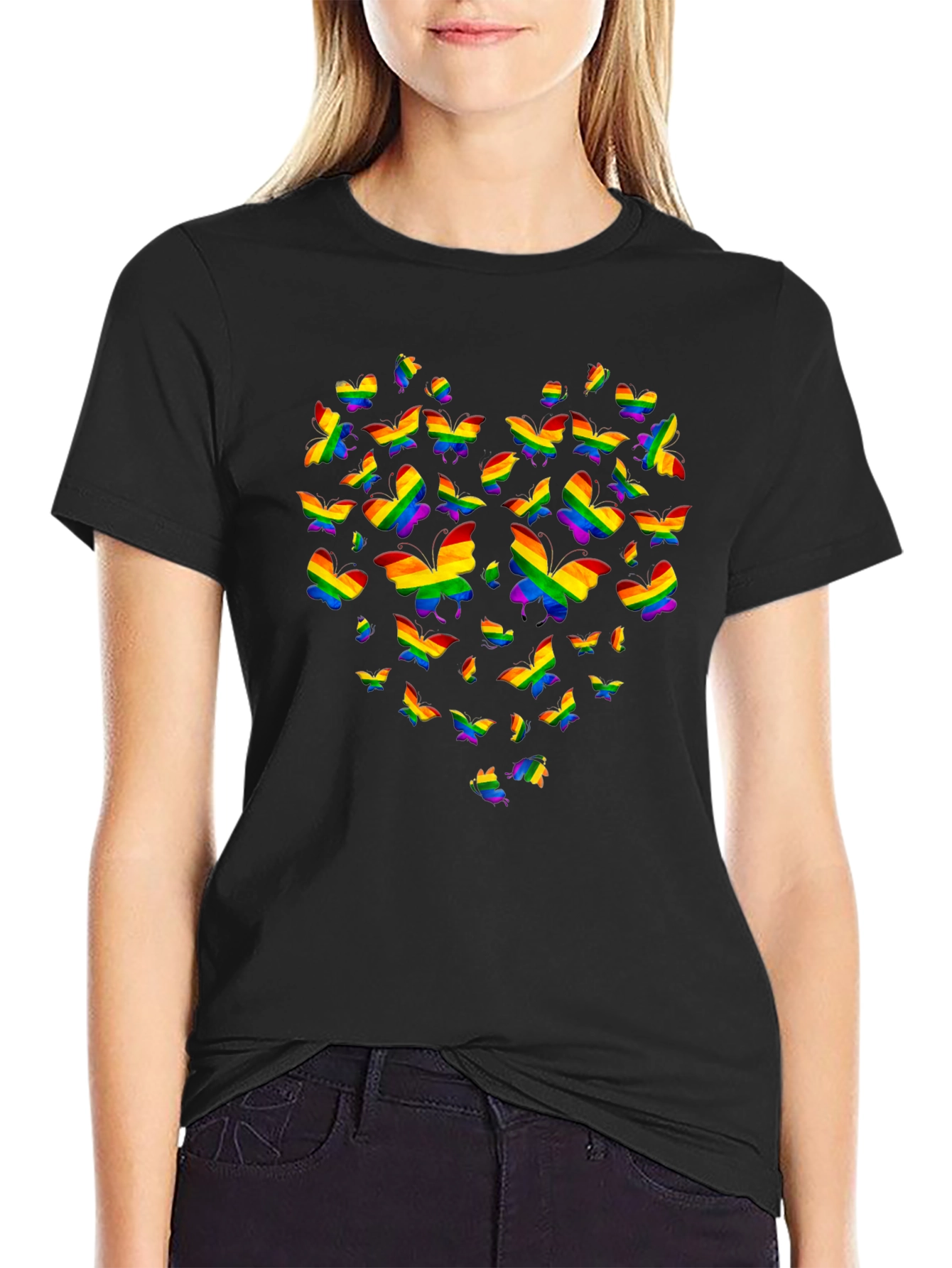 Pride Butterfly Heart Graphic Tee - Black