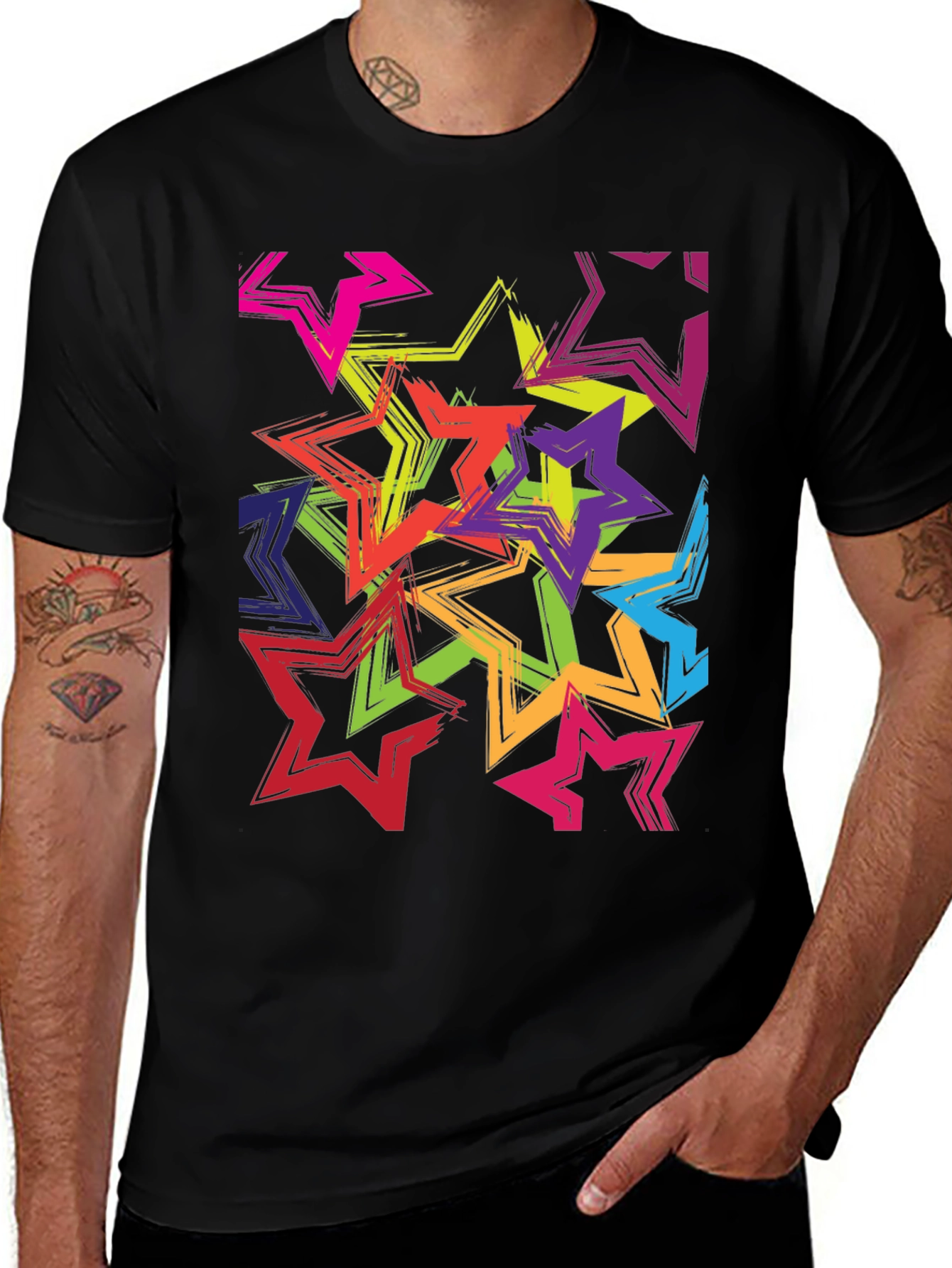 Colorful Star Burst Graphic Tee - Trendy Mens Black T-Shirt