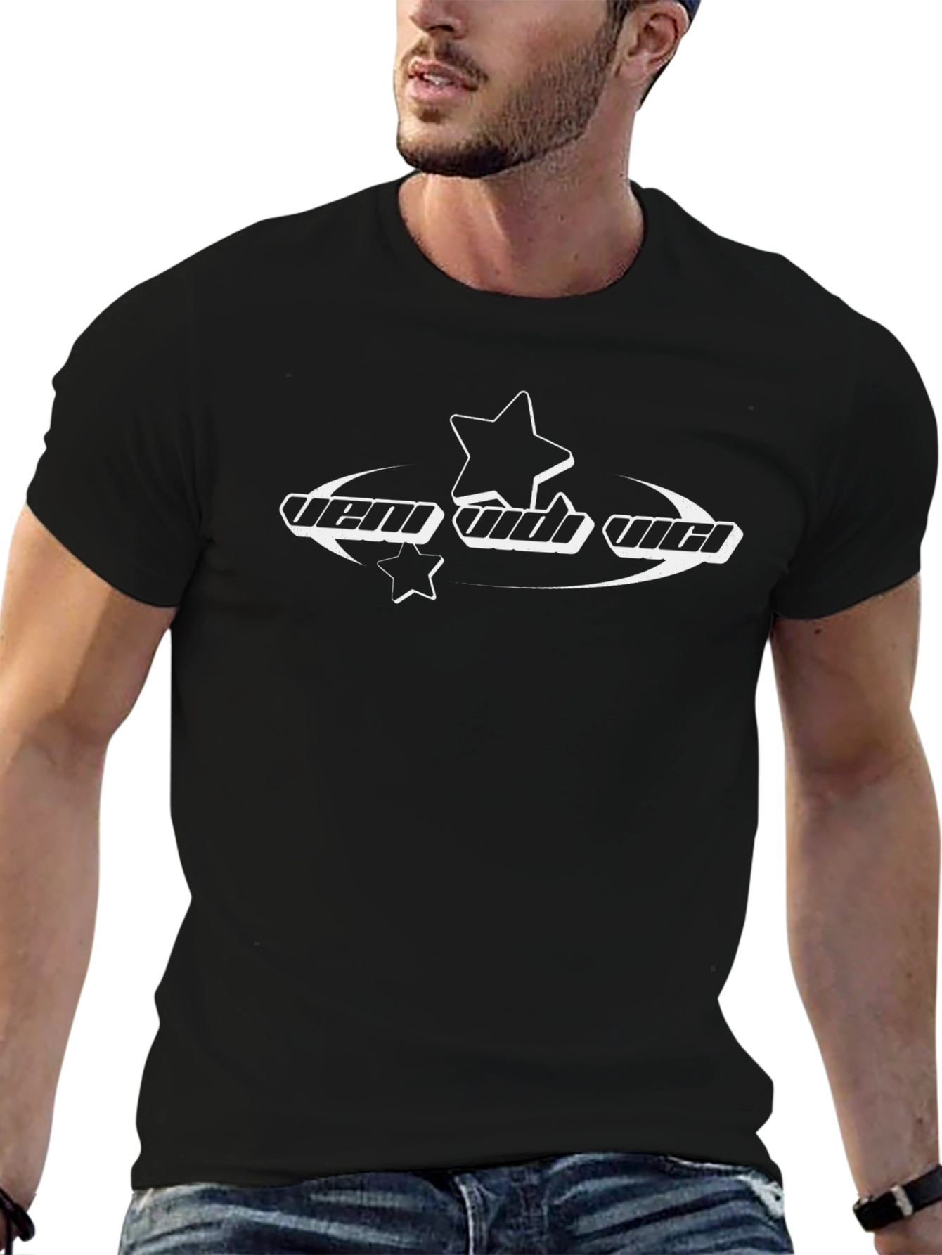 Trendy Black Graphic Tee with Star Design