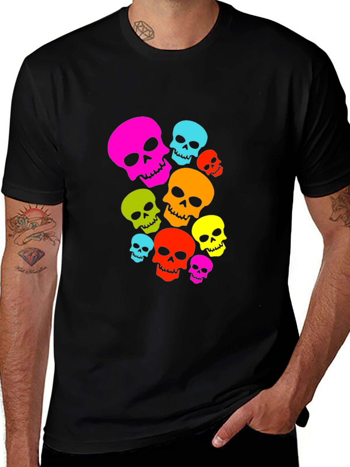 Colorful Skull Graphic Black T-Shirt