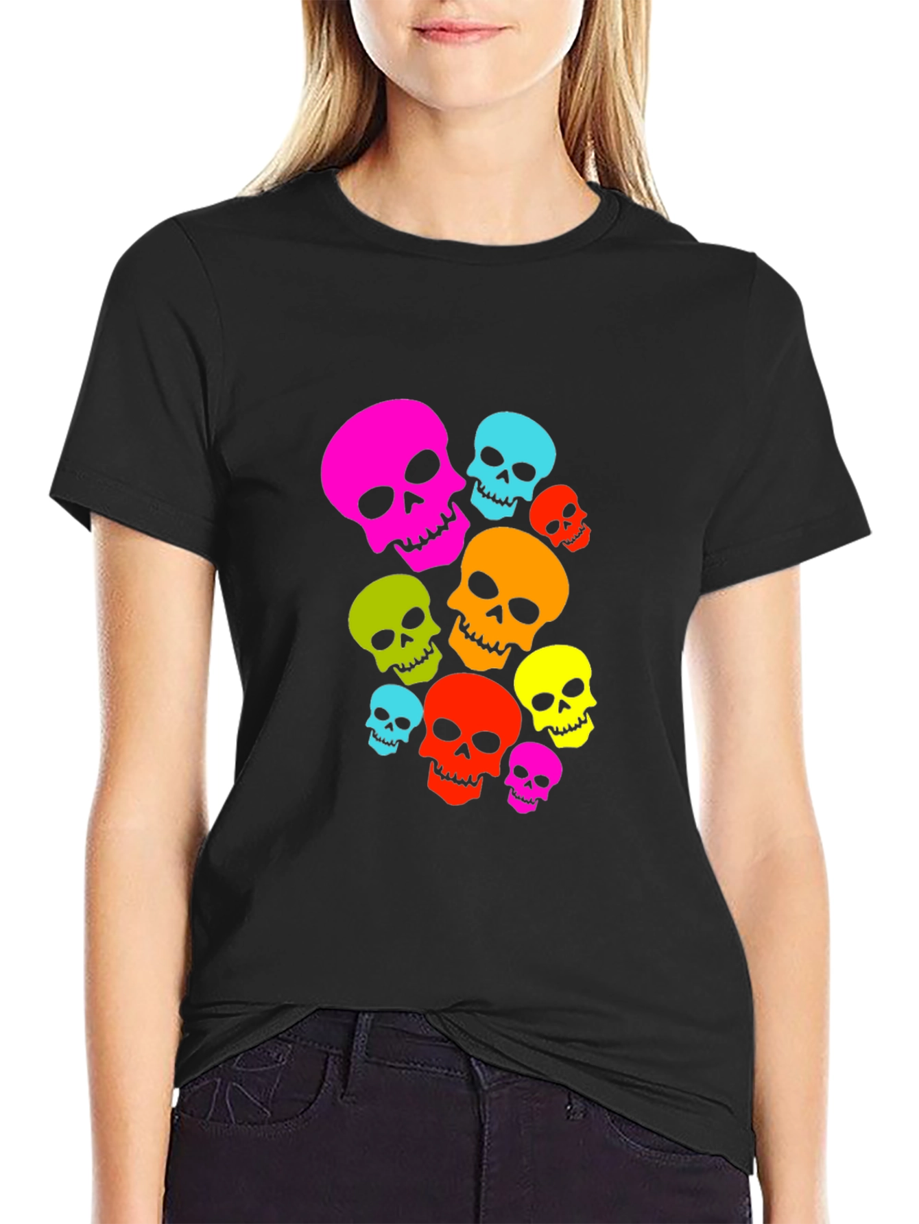 Colorful Skull Graphic Black T-Shirt
