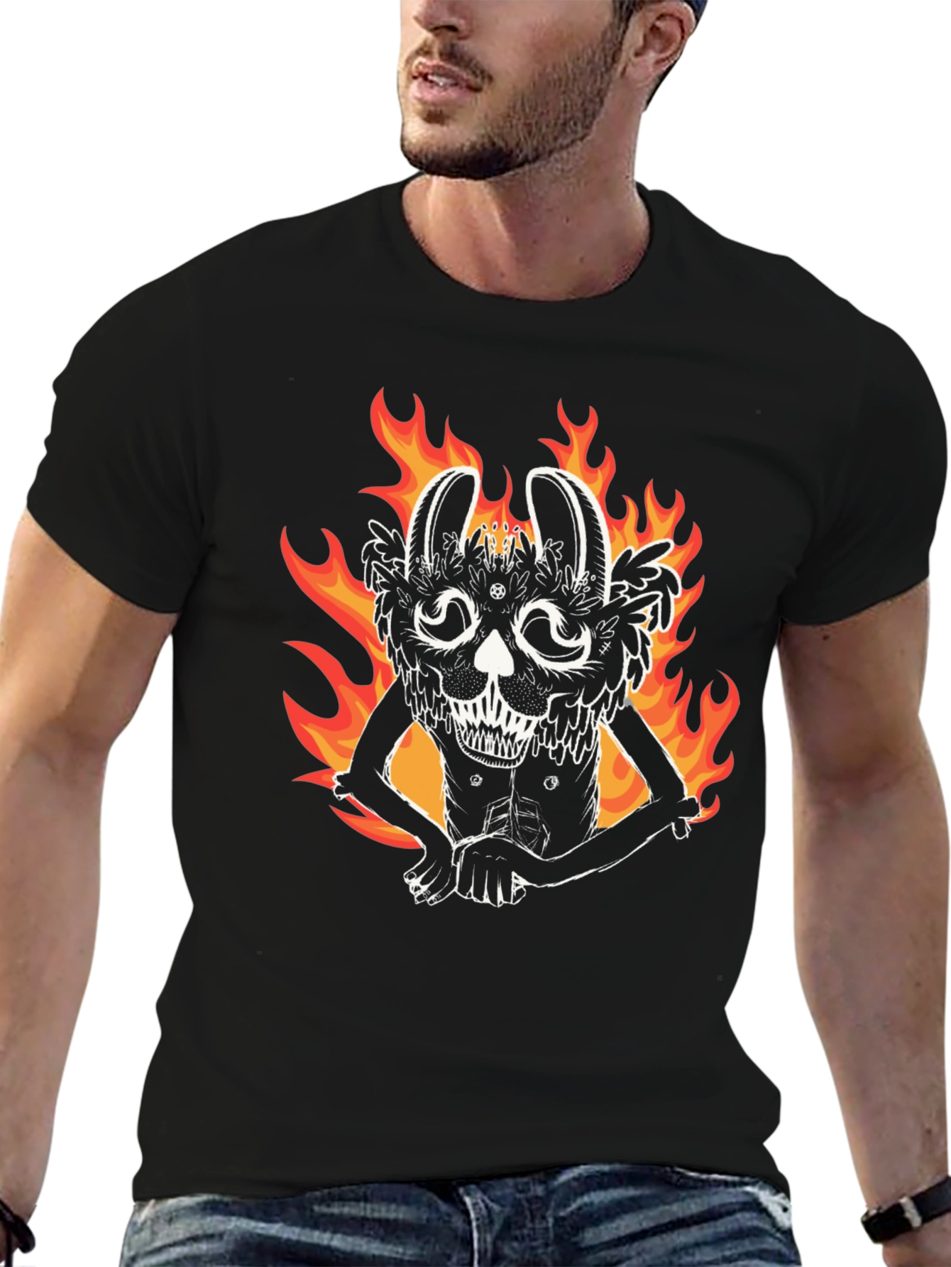 Fiery Rabbit Graphic Tee - Black Cotton Shirt