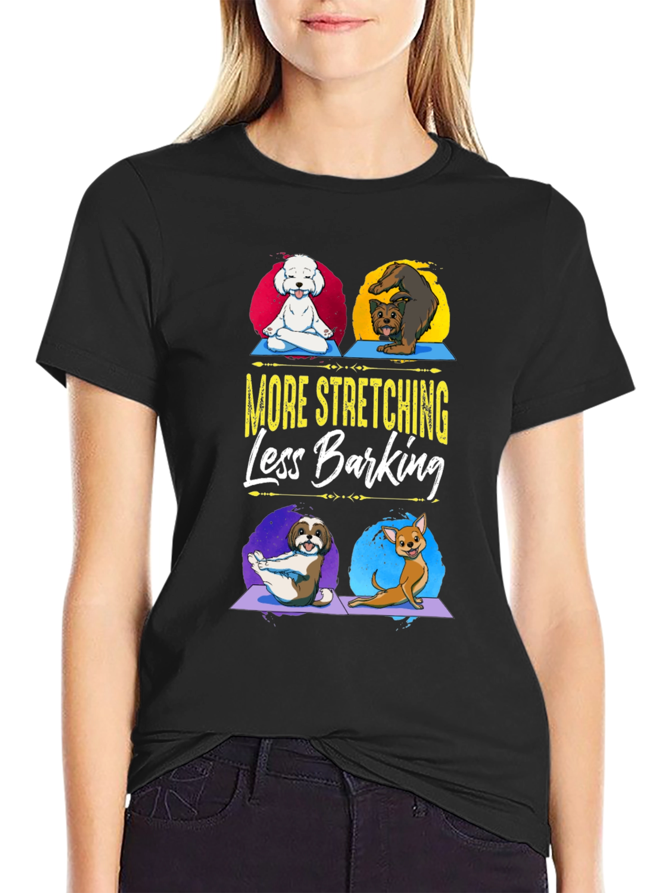 Yoga Dogs Graphic T-Shirt - More Stretching Less Barking