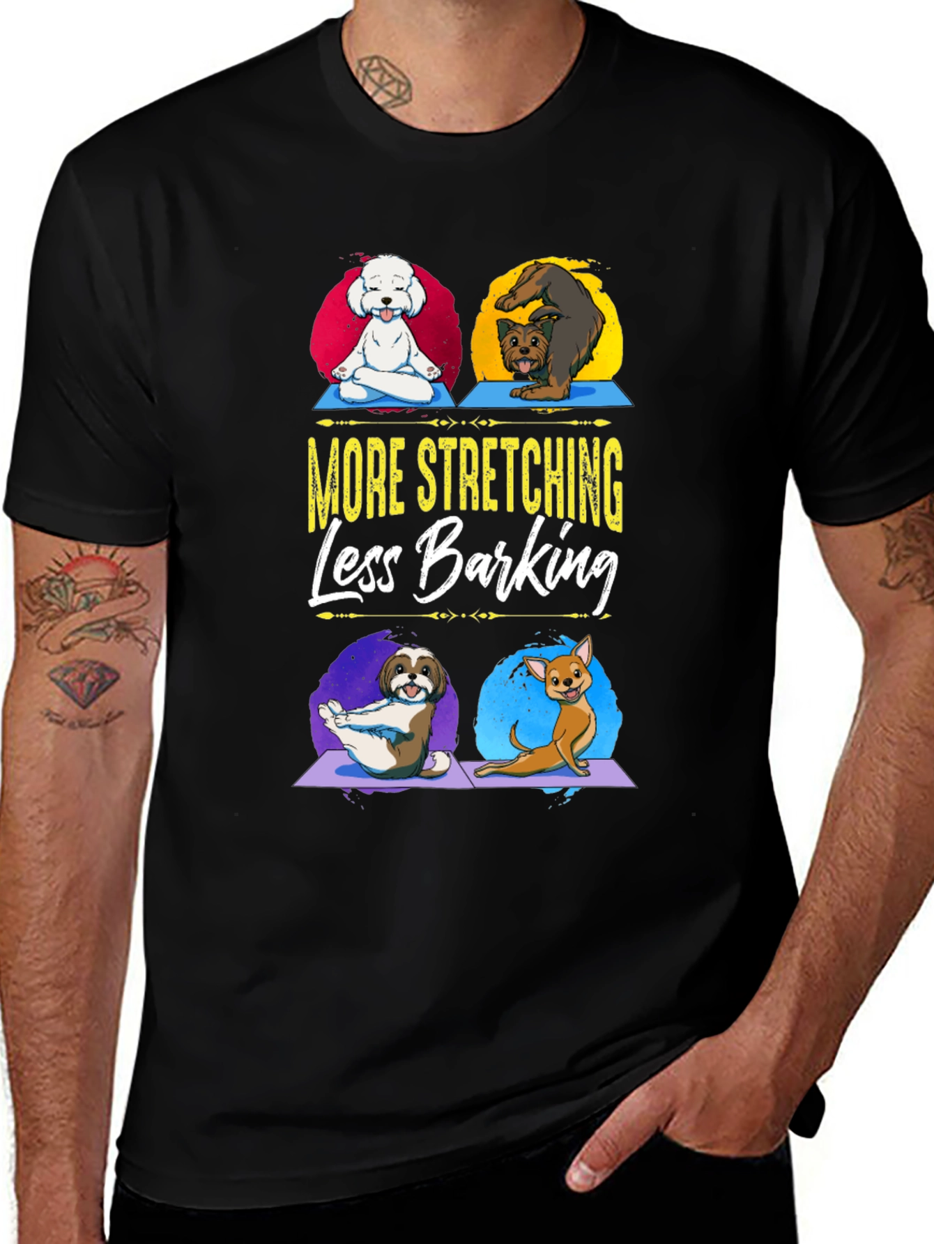 Yoga Dogs Graphic T-Shirt - More Stretching Less Barking