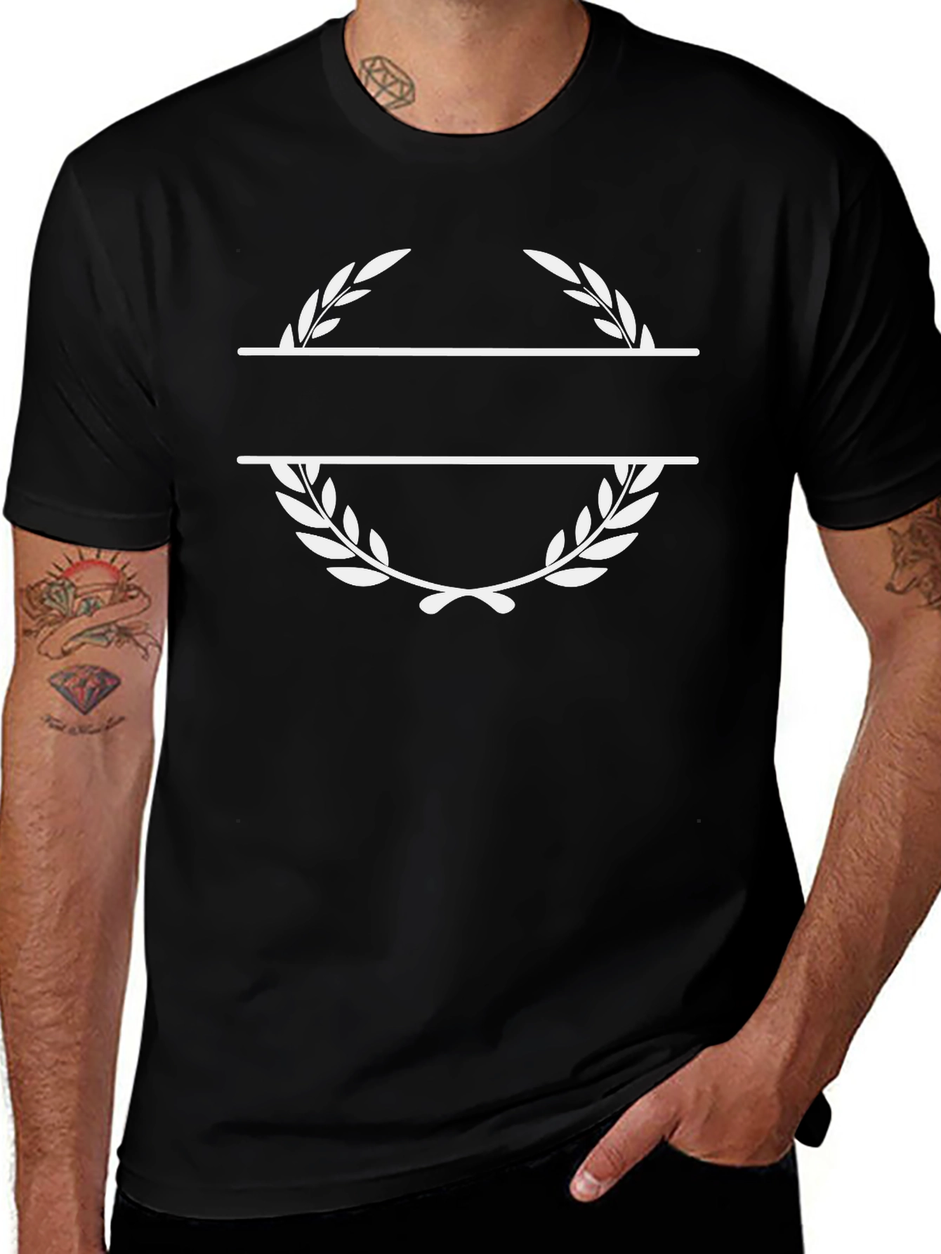 Black Tee with Customizable Laurel Wreath Design