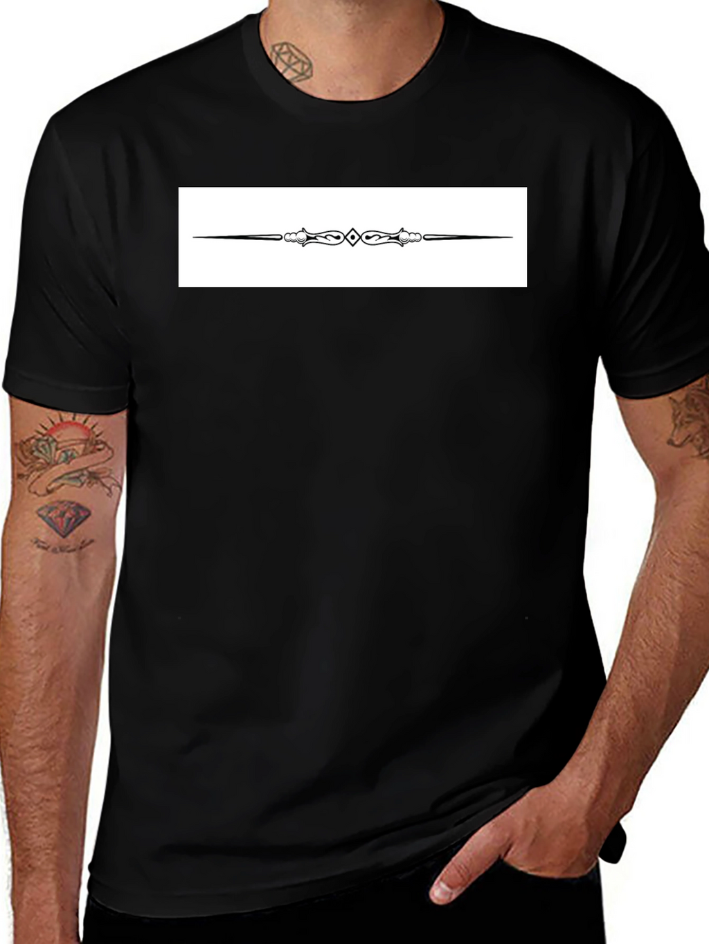 Elegant Black T-Shirt with Ornate Divider Design
