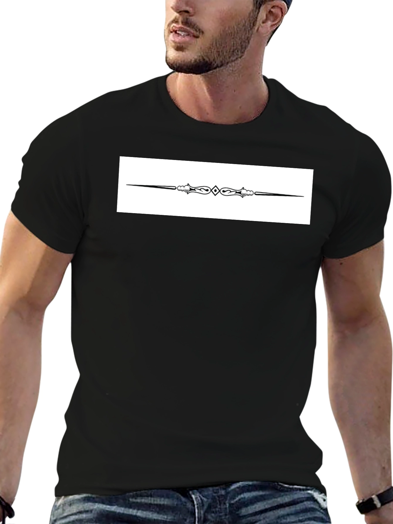 Elegant Black T-Shirt with Ornate Divider Design