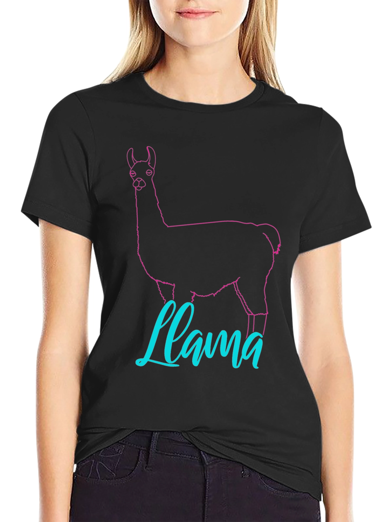 Llama Outline Graphic T-Shirt - Crew Neck Casual Wear