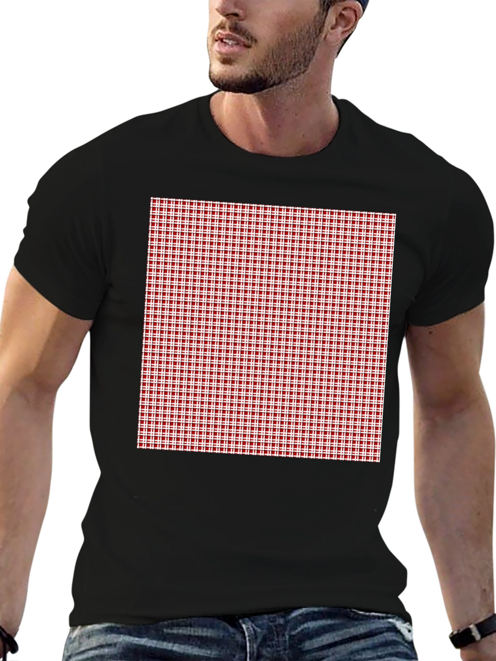 Black Tee with Red Gingham Check Print