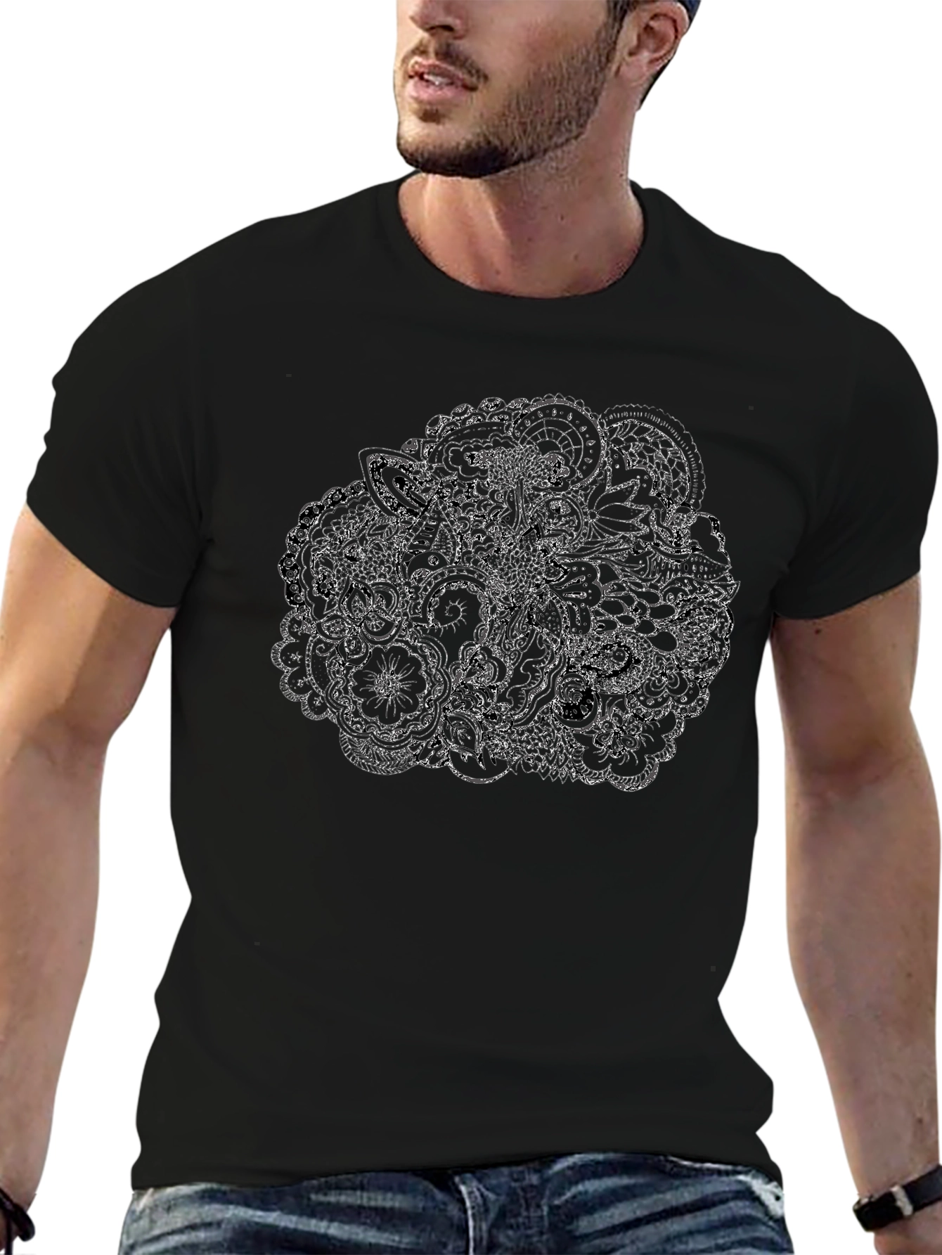 Mens Black T-Shirt with Intricate Floral Design