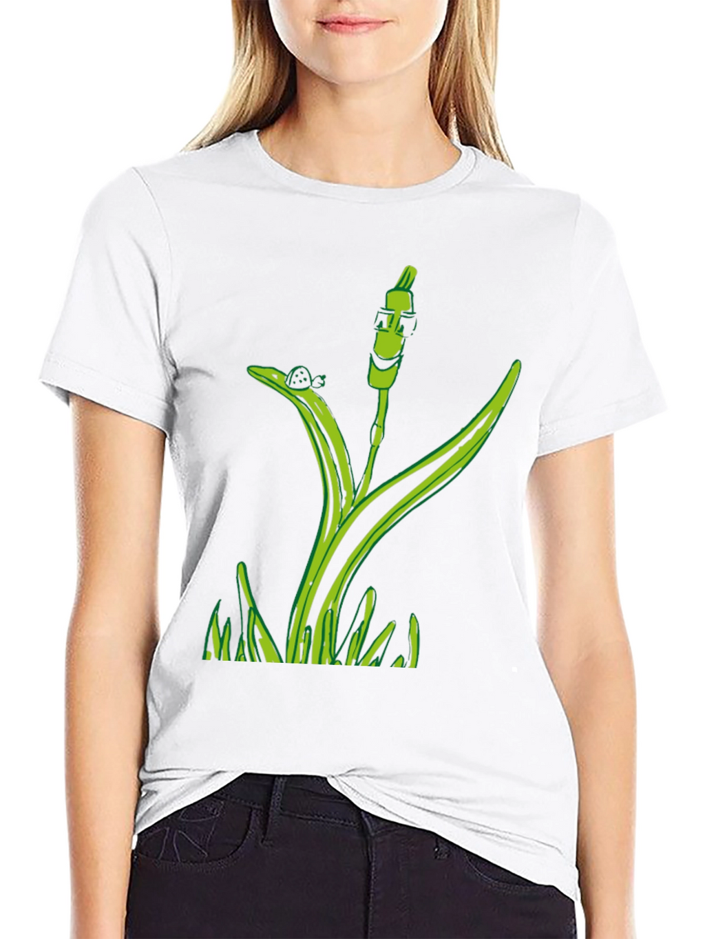 Unique Green Plant Graphic Tee - Black Cotton Blend