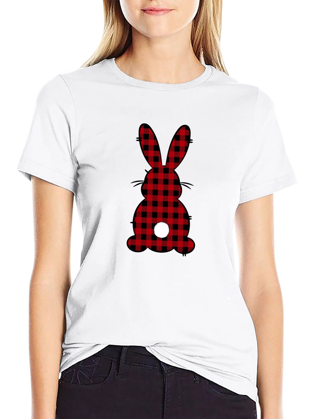 Plaid Easter Bunny Tail Black T-Shirt