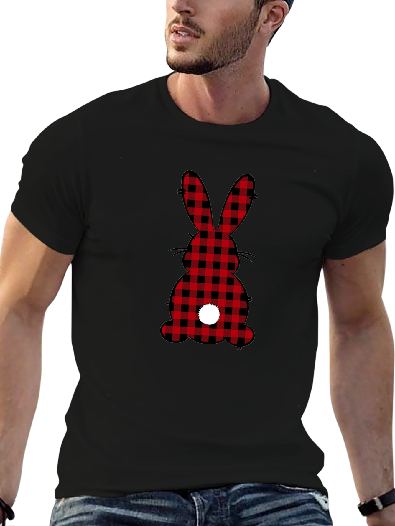 Plaid Easter Bunny Tail Black T-Shirt