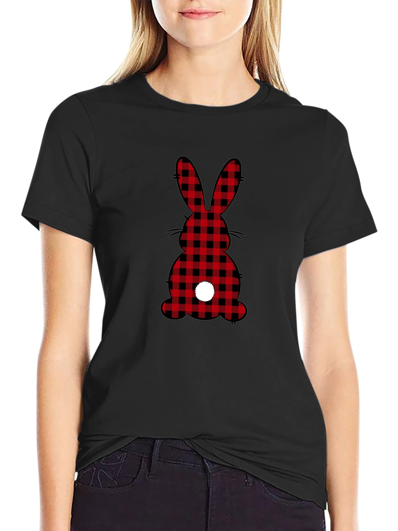 Plaid Easter Bunny Tail Black T-Shirt