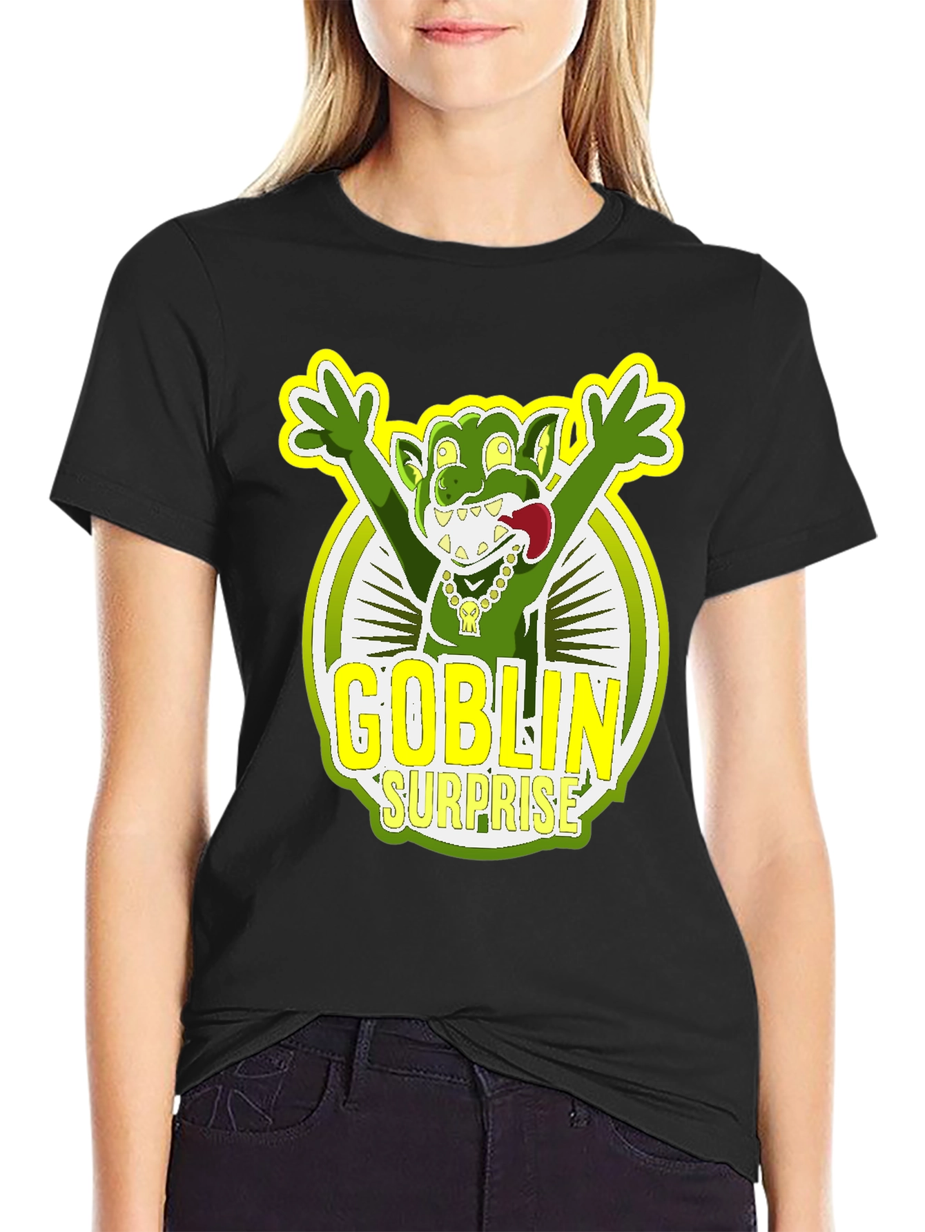 Goblin Surprise Graphic Tee - Black Crew Neck T-Shirt