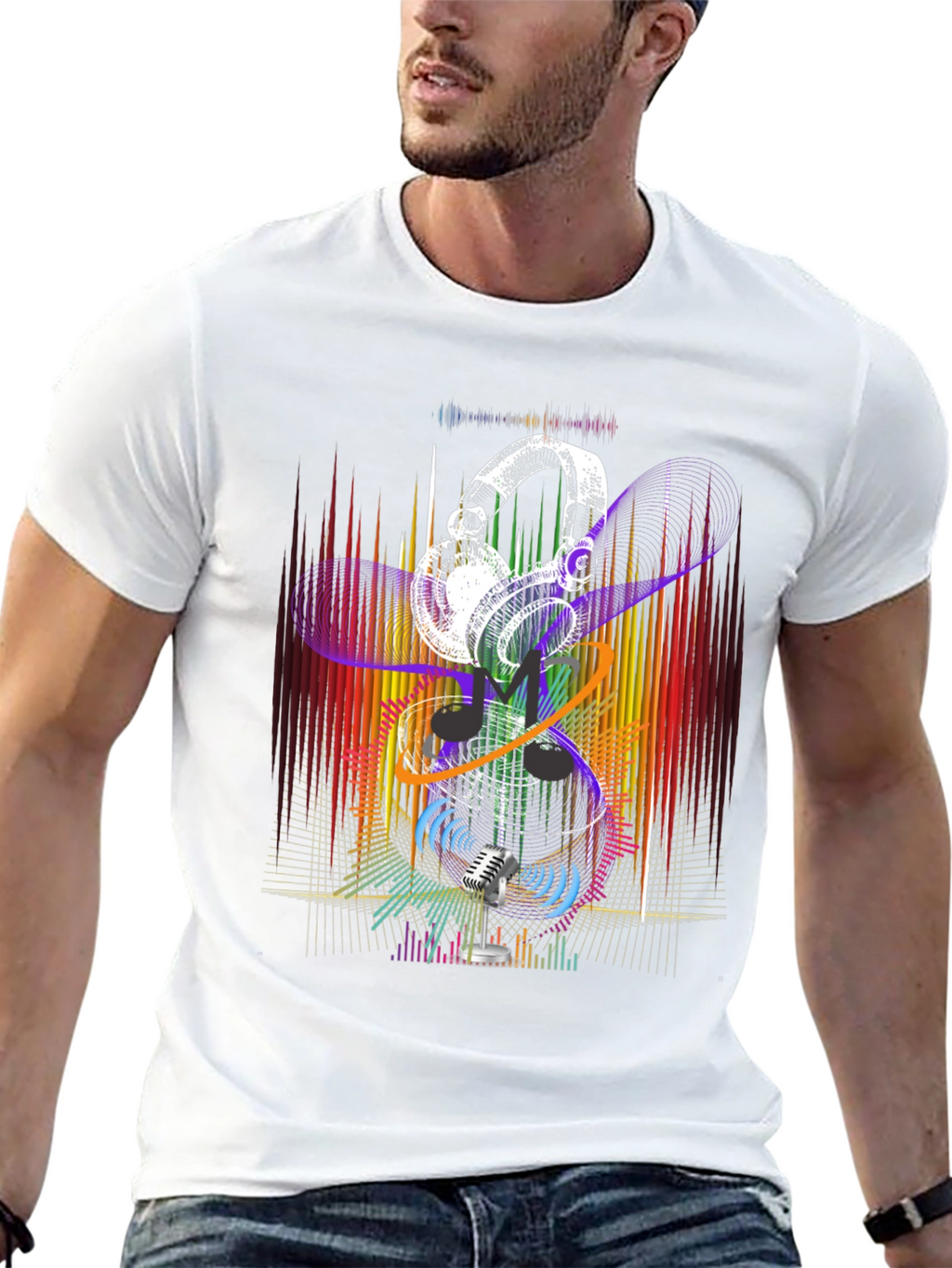 Retro Music Graphic T-Shirt - Headphones & Microphone
